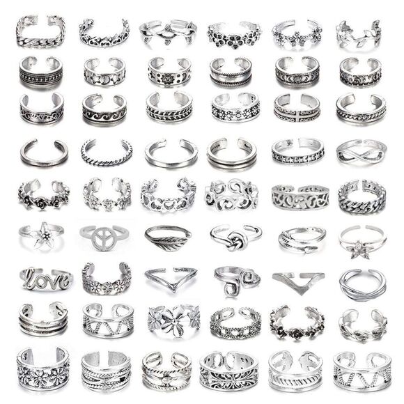 Silver Adjustable Boho Open Toe Rings - Set of 54 - Picture 1 of 9